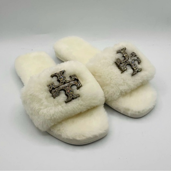 RARE LIKE NEW! Tory Burch Jeweled Shearling Slide Slippers Shoes Buttermilk - Picture 6 of 8